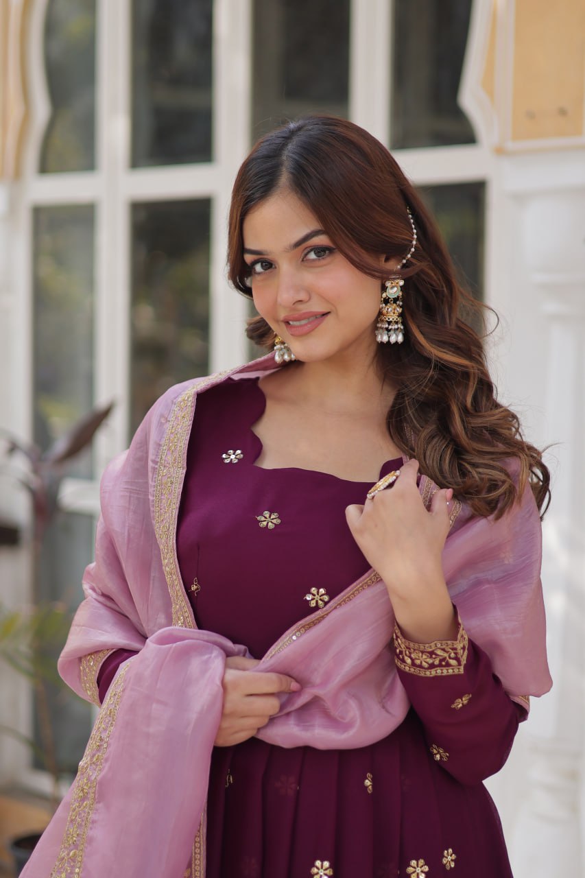 Wine Glamorous Star Georgette Embroidered Gown with Gold Crush Dupatta