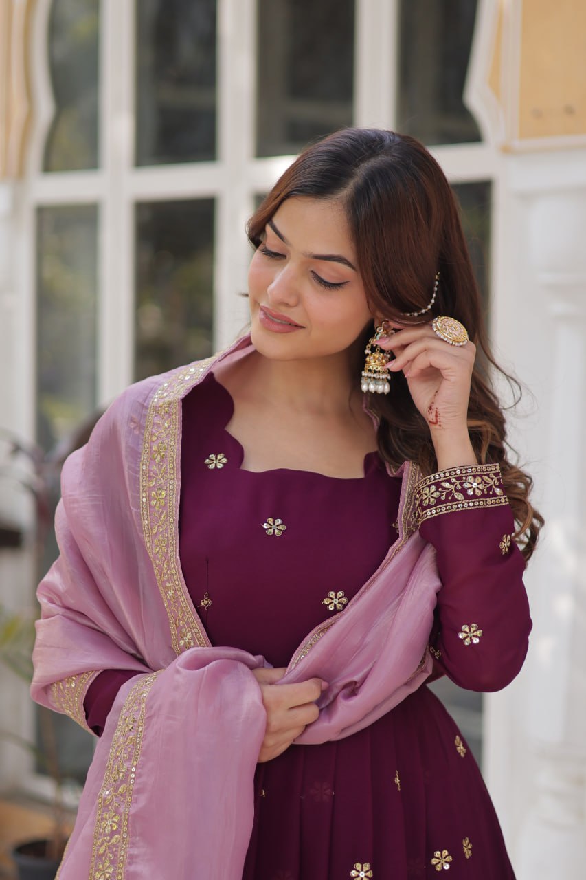 Wine Glamorous Star Georgette Embroidered Gown with Gold Crush Dupatta