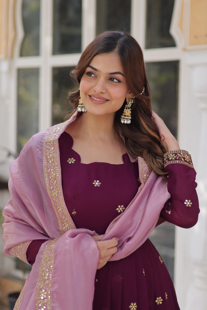 Wine Glamorous Star Georgette Embroidered Gown with Gold Crush Dupatta