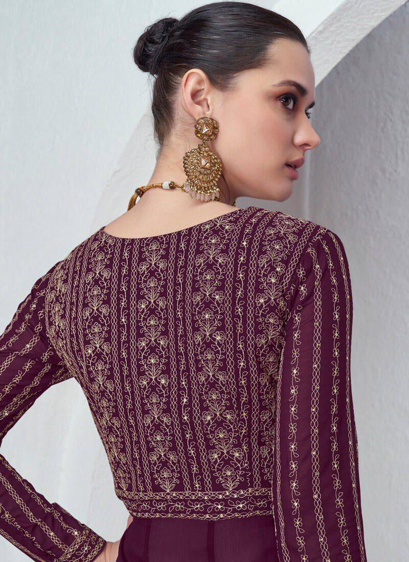 Wine Gorgeous Embroidered Faux Georgette Gown with Skirt & Dupatta