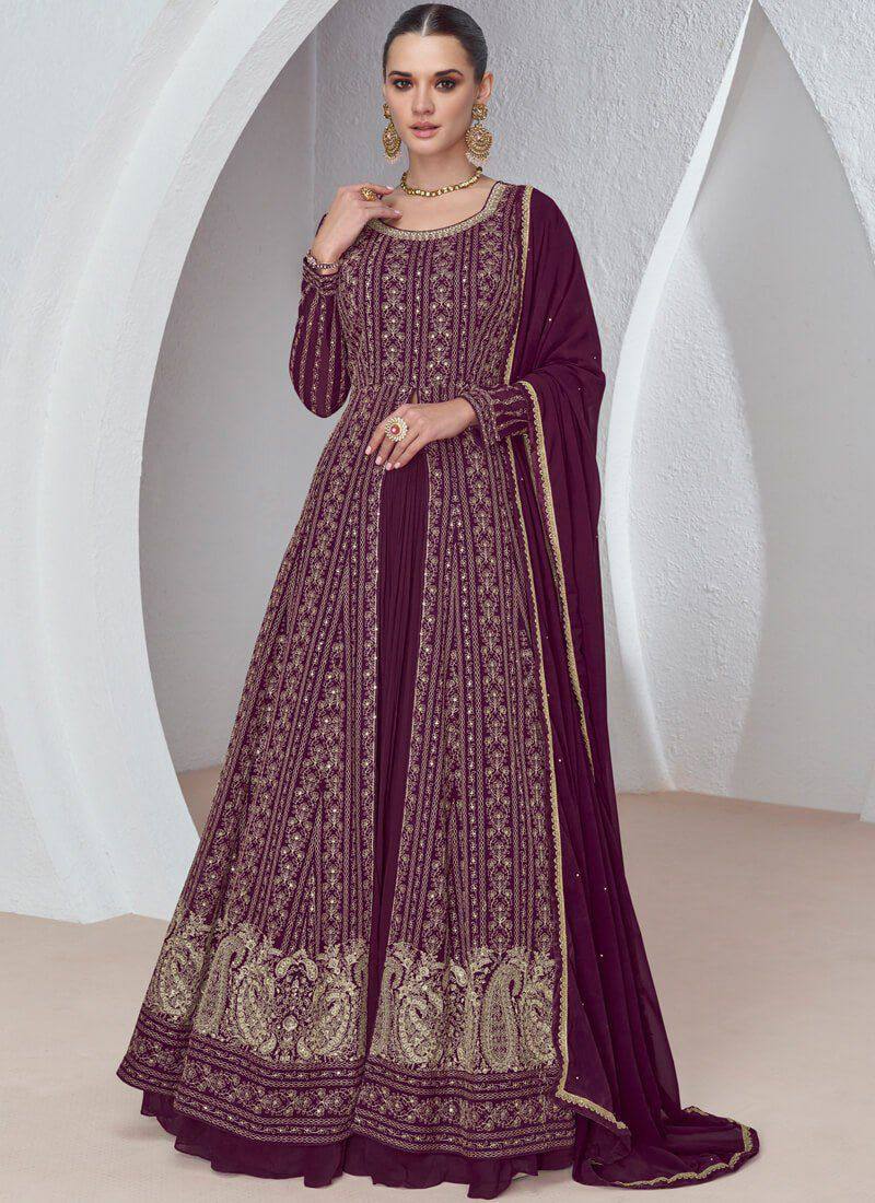 Wine Gorgeous Embroidered Faux Georgette Gown with Skirt & Dupatta