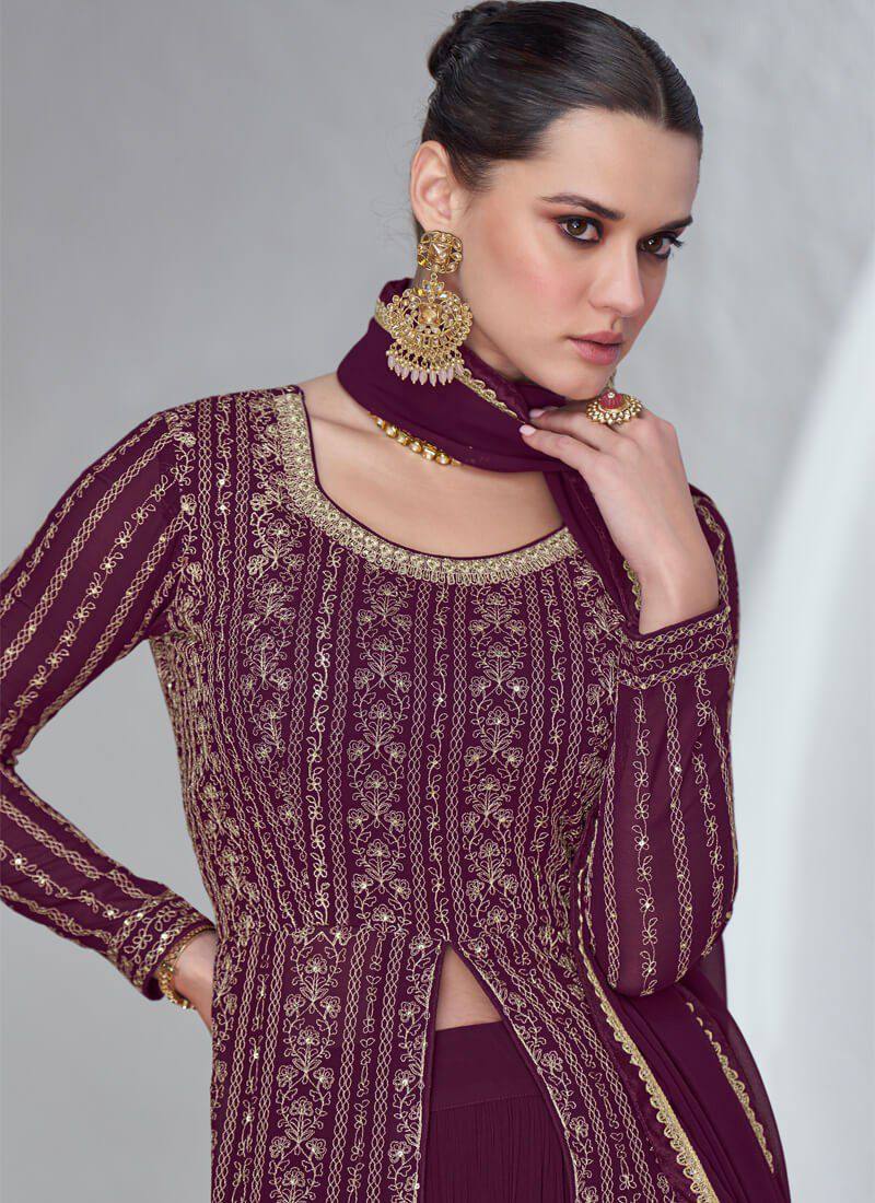 Wine Gorgeous Embroidered Faux Georgette Gown with Skirt & Dupatta