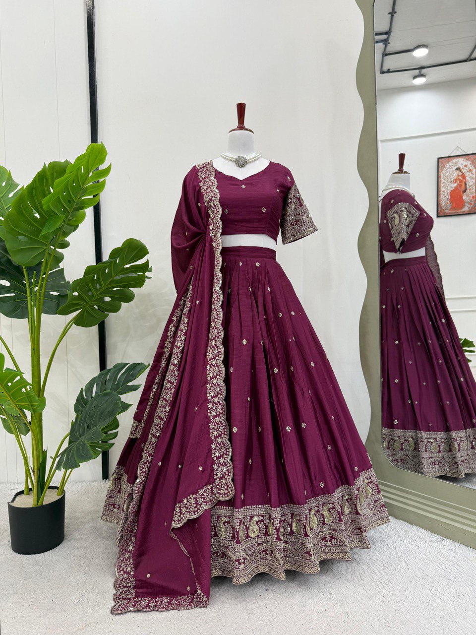 Wine Graceful Chinon Silk Lehenga Set with Sequin Embroidery & Lace-Detailed Dupatta