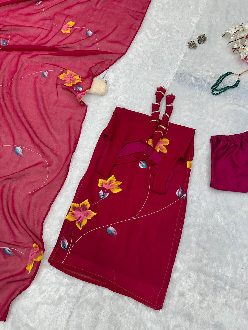 Wine Hot Elegant Floral Handpainted Straight Cut Suit