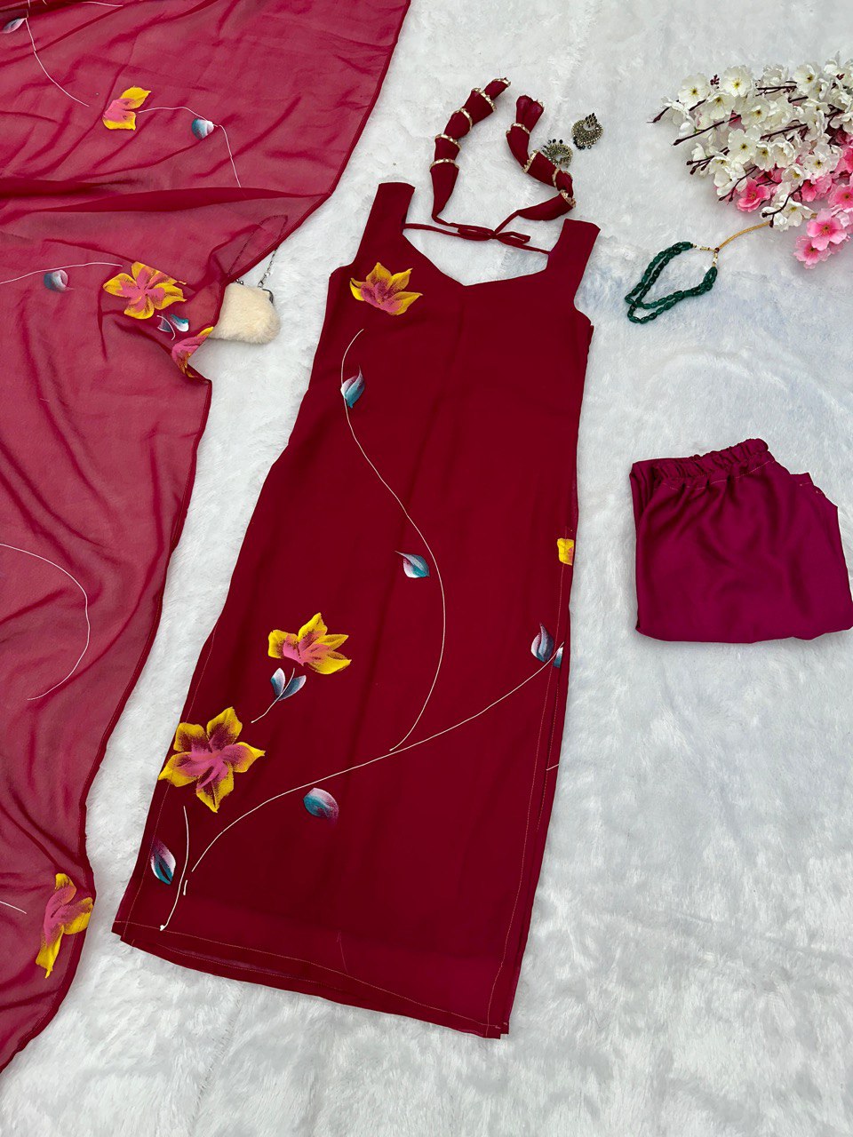 Wine Hot Elegant Floral Handpainted Straight Cut Suit