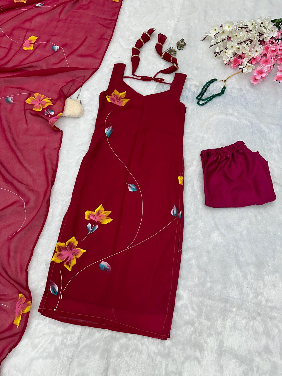 Wine Hot Elegant Floral Handpainted Straight Cut Suit