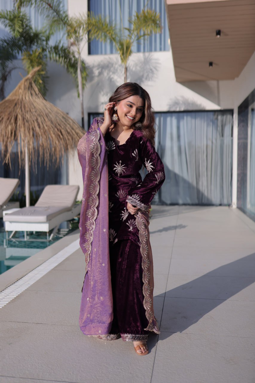 Wine Ice Velvet Palazzo Set with Fendi Sequins Dupatta