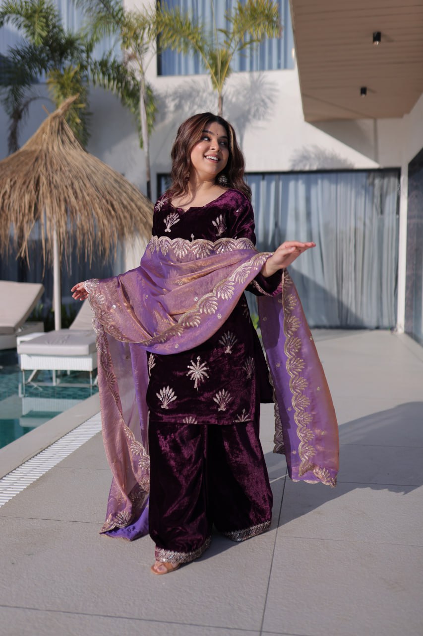 Wine Ice Velvet Palazzo Set with Fendi Sequins Dupatta