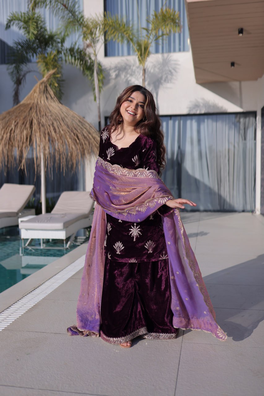 Wine Ice Velvet Palazzo Set with Fendi Sequins Dupatta