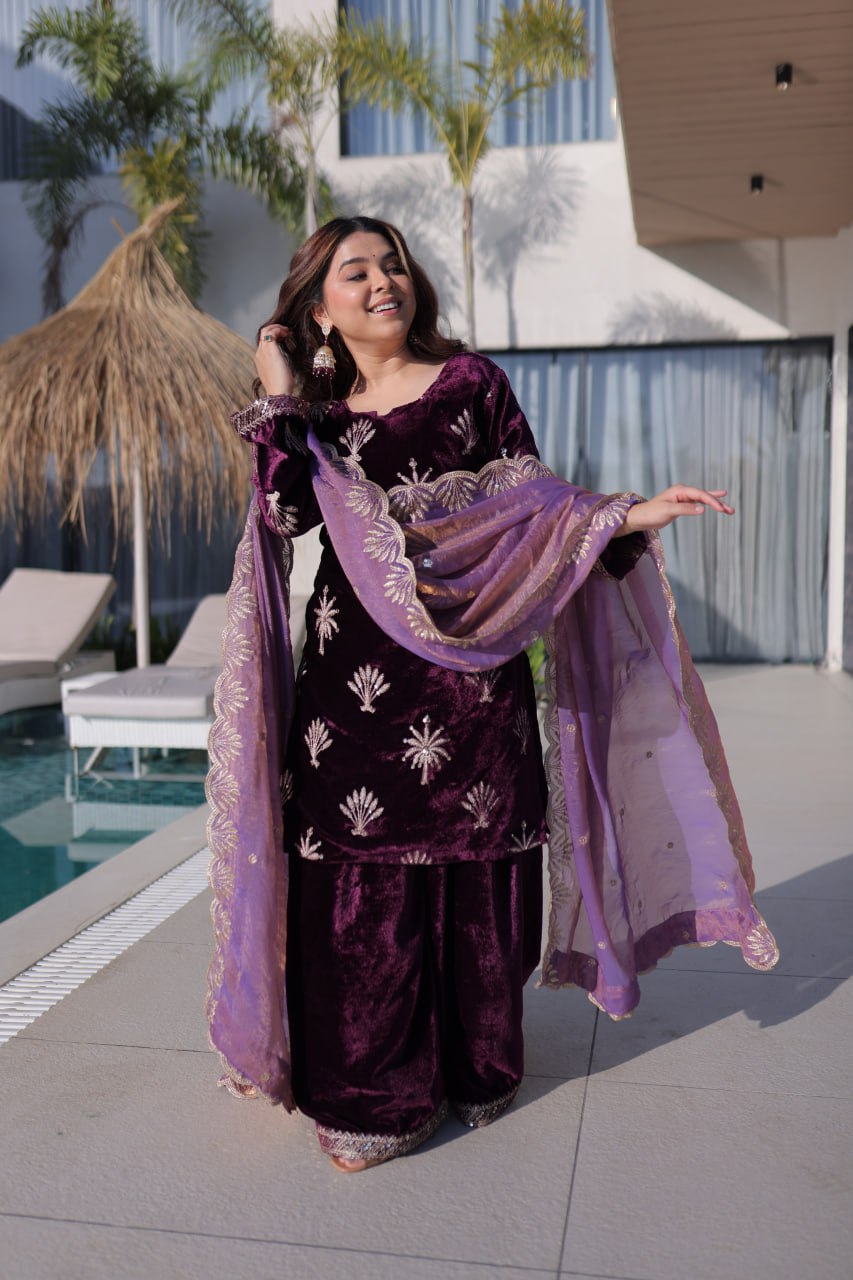 Wine Ice Velvet Palazzo Set with Fendi Sequins Dupatta