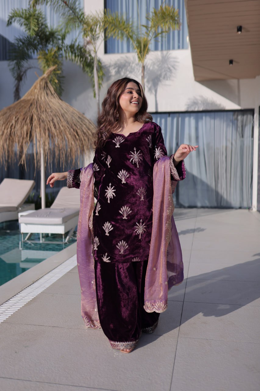 Wine Ice Velvet Palazzo Set with Fendi Sequins Dupatta