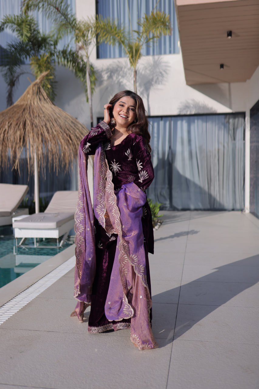 Wine Ice Velvet Palazzo Set with Fendi Sequins Dupatta