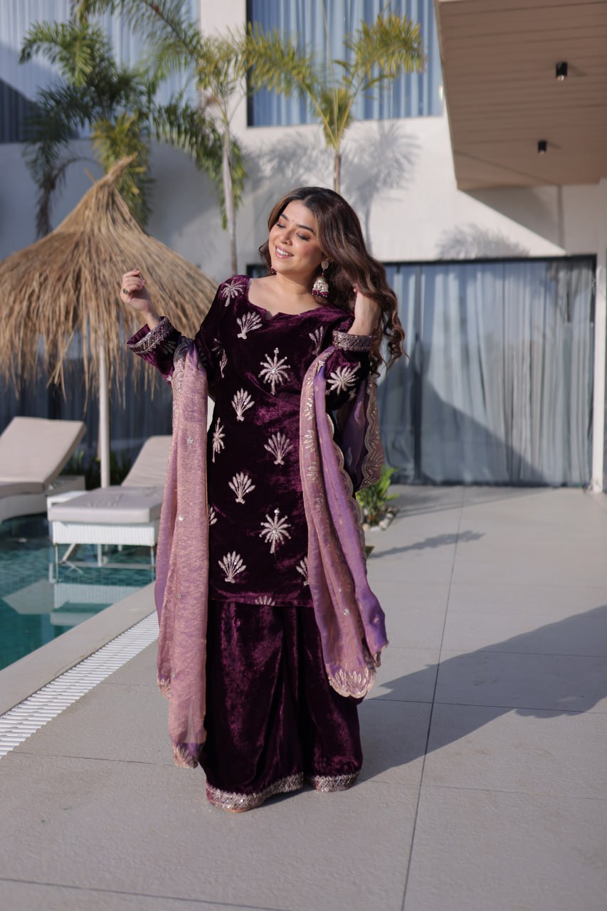 Wine Ice Velvet Palazzo Set with Fendi Sequins Dupatta