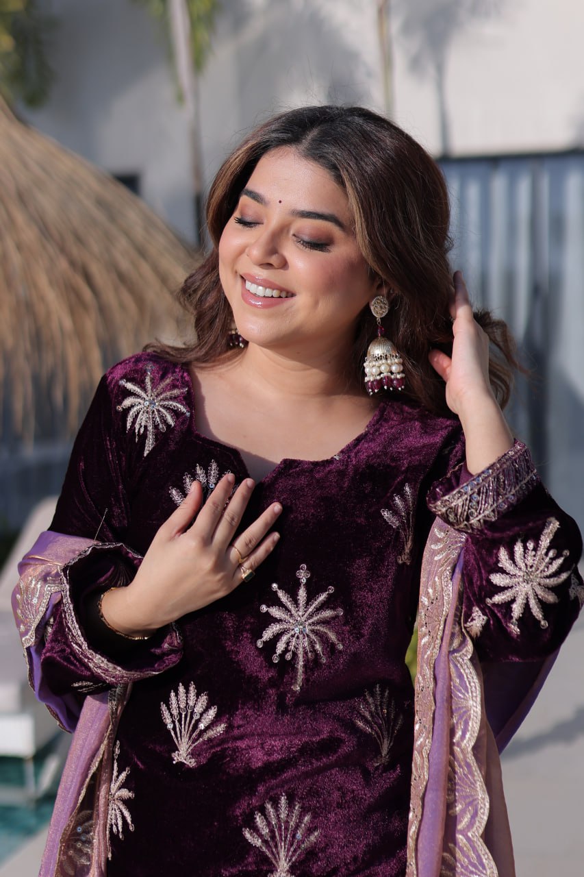 Wine Ice Velvet Palazzo Set with Fendi Sequins Dupatta