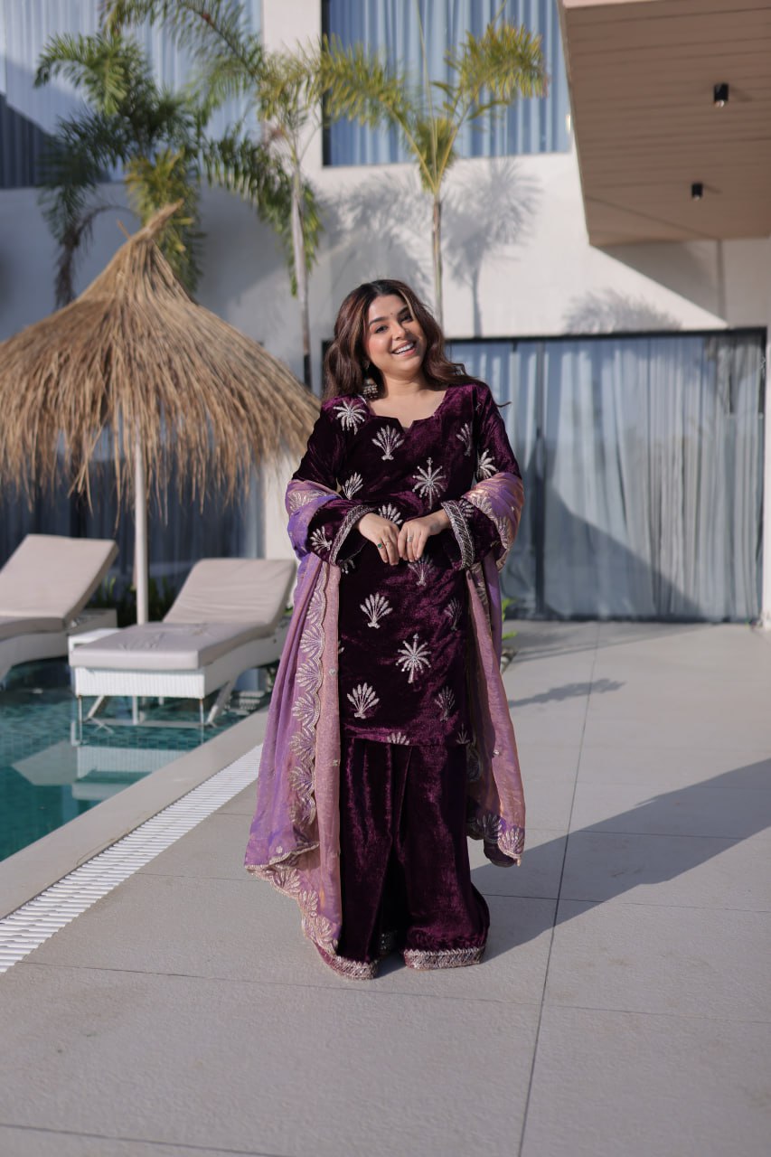 Wine Ice Velvet Palazzo Set with Fendi Sequins Dupatta