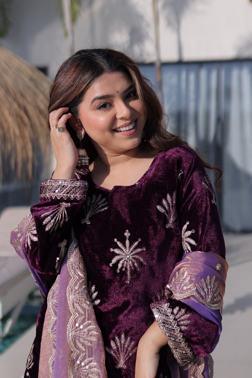 Wine Ice Velvet Palazzo Set with Fendi Sequins Dupatta