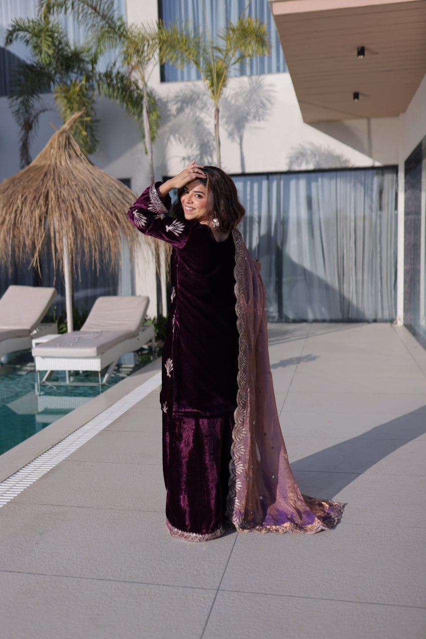 Wine Ice Velvet Palazzo Set with Fendi Sequins Dupatta