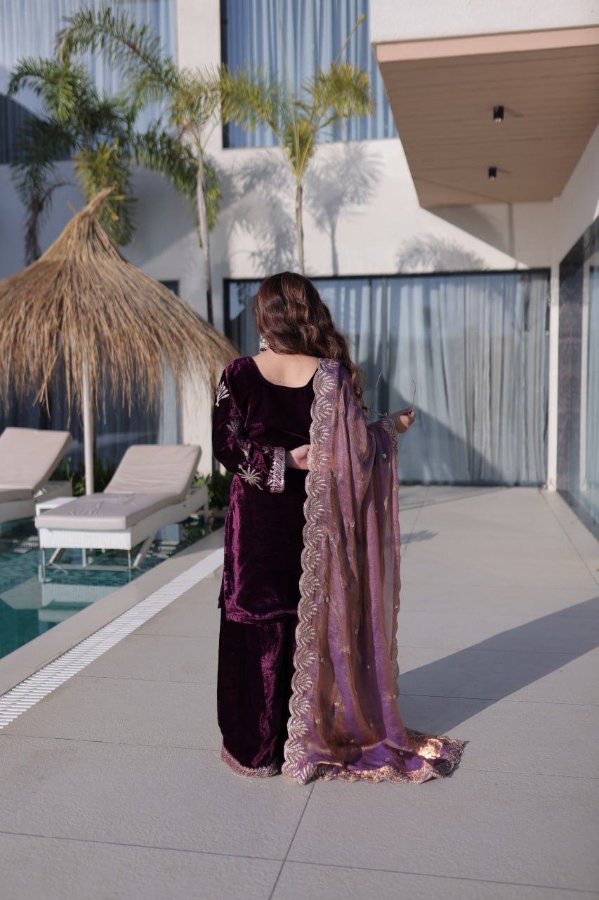 Wine Ice Velvet Palazzo Set with Fendi Sequins Dupatta
