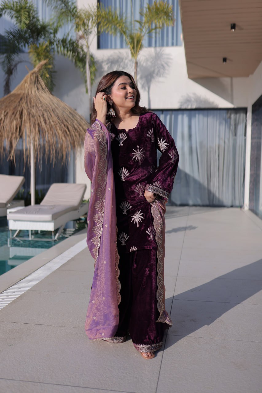 Wine Ice Velvet Palazzo Set with Fendi Sequins Dupatta