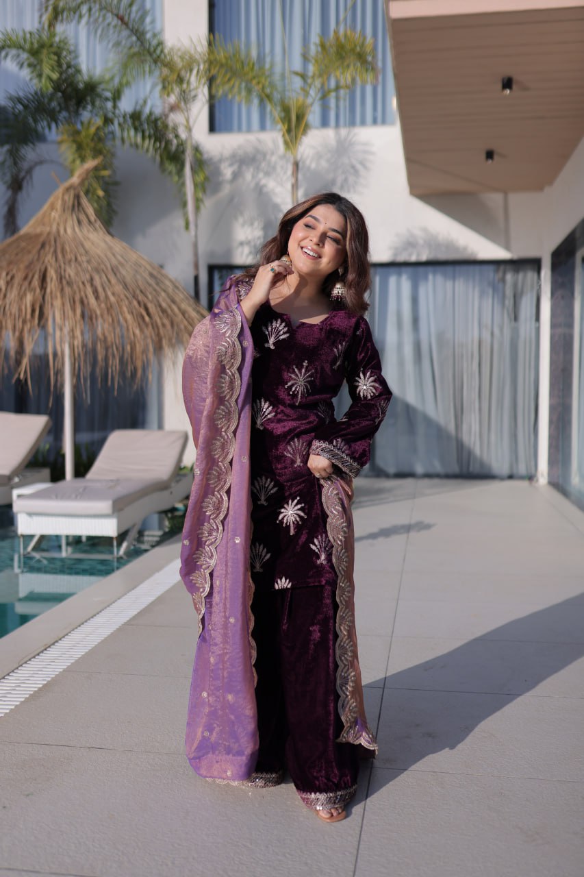 Wine Ice Velvet Palazzo Set with Fendi Sequins Dupatta