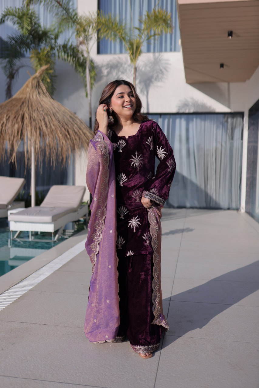 Wine Ice Velvet Palazzo Set with Fendi Sequins Dupatta