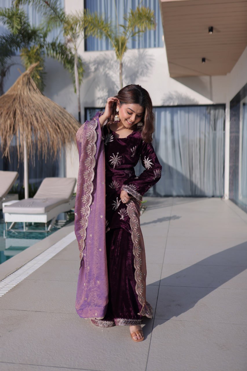Wine Ice Velvet Palazzo Set with Fendi Sequins Dupatta