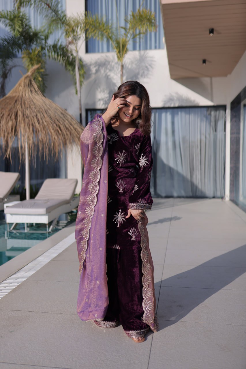 Wine Ice Velvet Palazzo Set with Fendi Sequins Dupatta