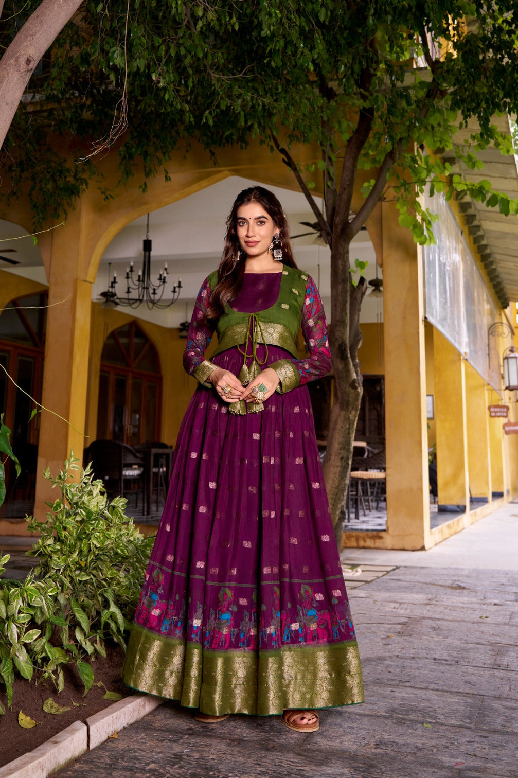 Wine Kalamkari Printed Poly Cotton Gown with Zari Weaving Koti Set
