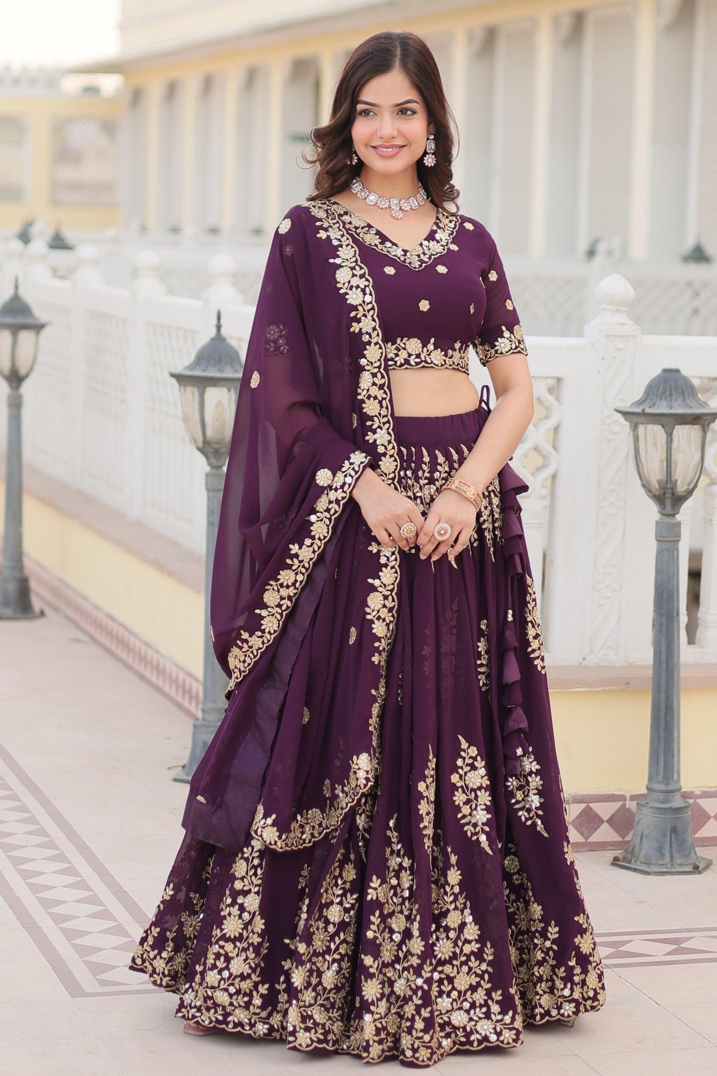 Wine Lehenga Choli with Intricate Embroidery