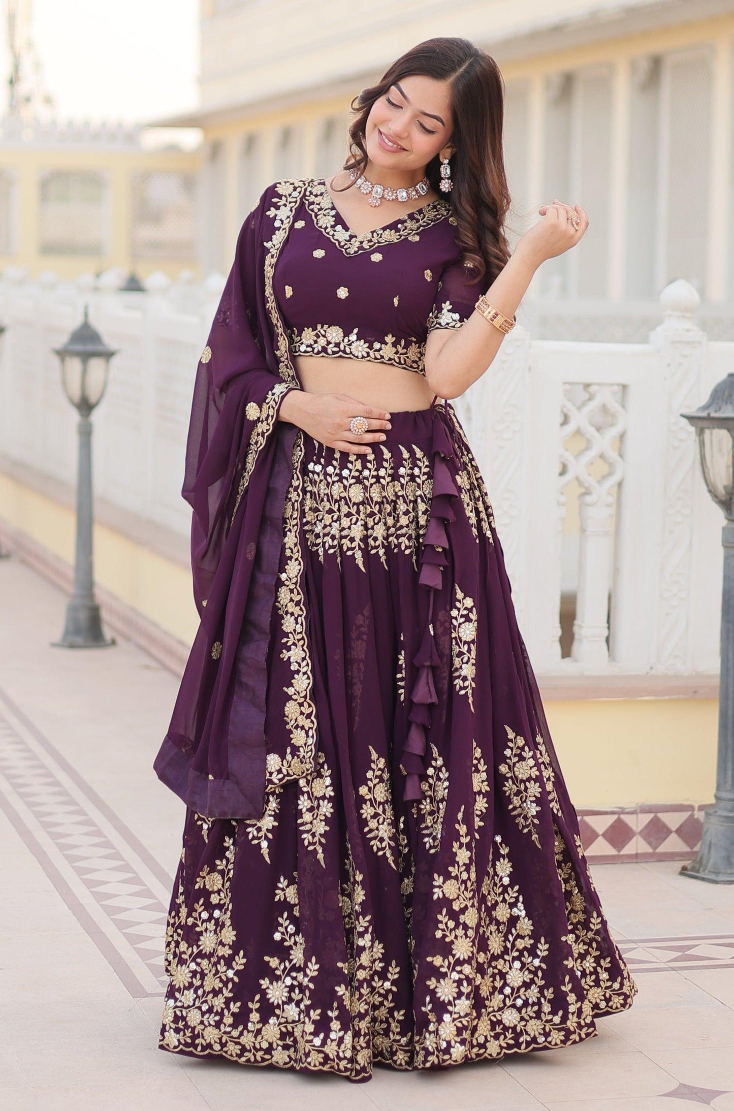 Wine Lehenga Choli with Intricate Embroidery