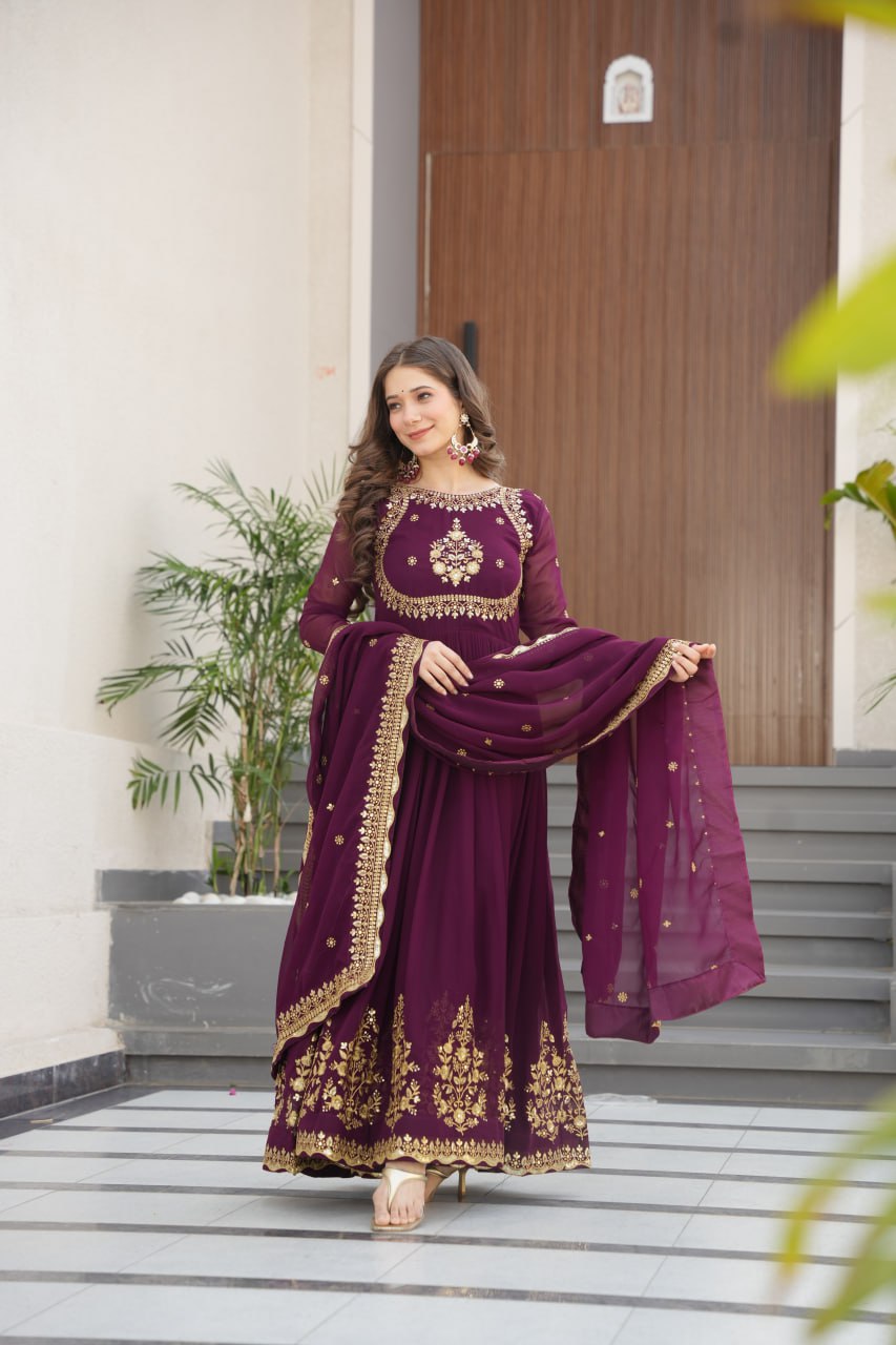 Wine Luxury Designer Faux Blooming Georgette Gown with Zari & Sequin Embroidery