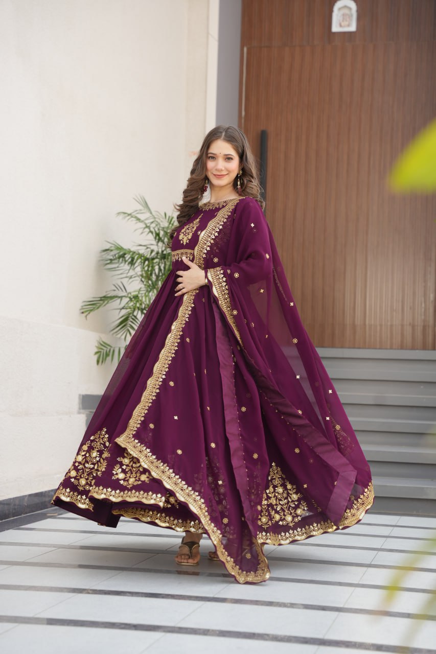 Wine Luxury Designer Faux Blooming Georgette Gown with Zari & Sequin Embroidery