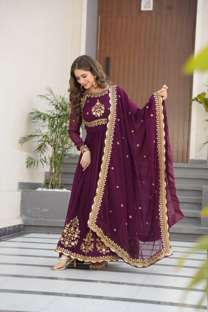 Wine Luxury Designer Faux Blooming Georgette Gown with Zari & Sequin Embroidery