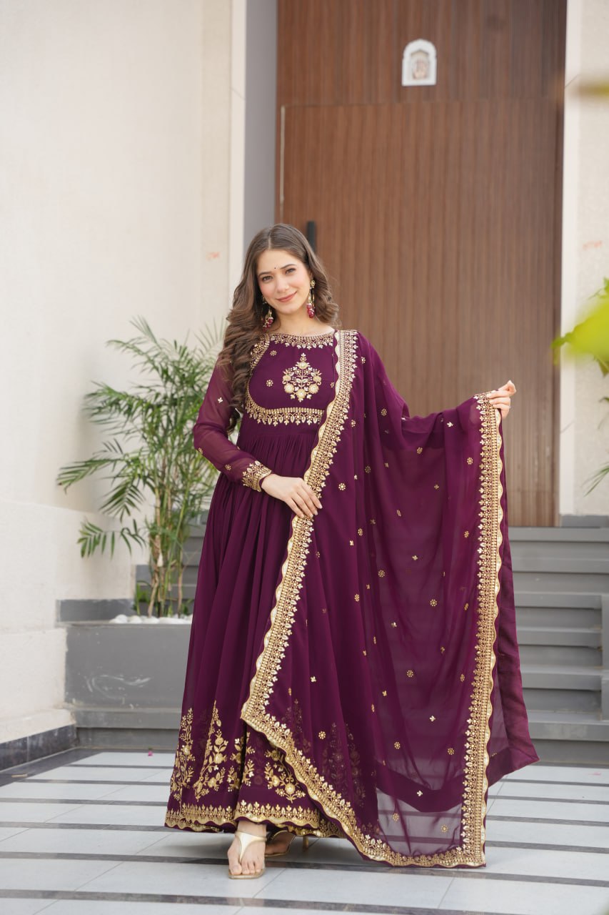Wine Luxury Designer Faux Blooming Georgette Gown with Zari & Sequin Embroidery