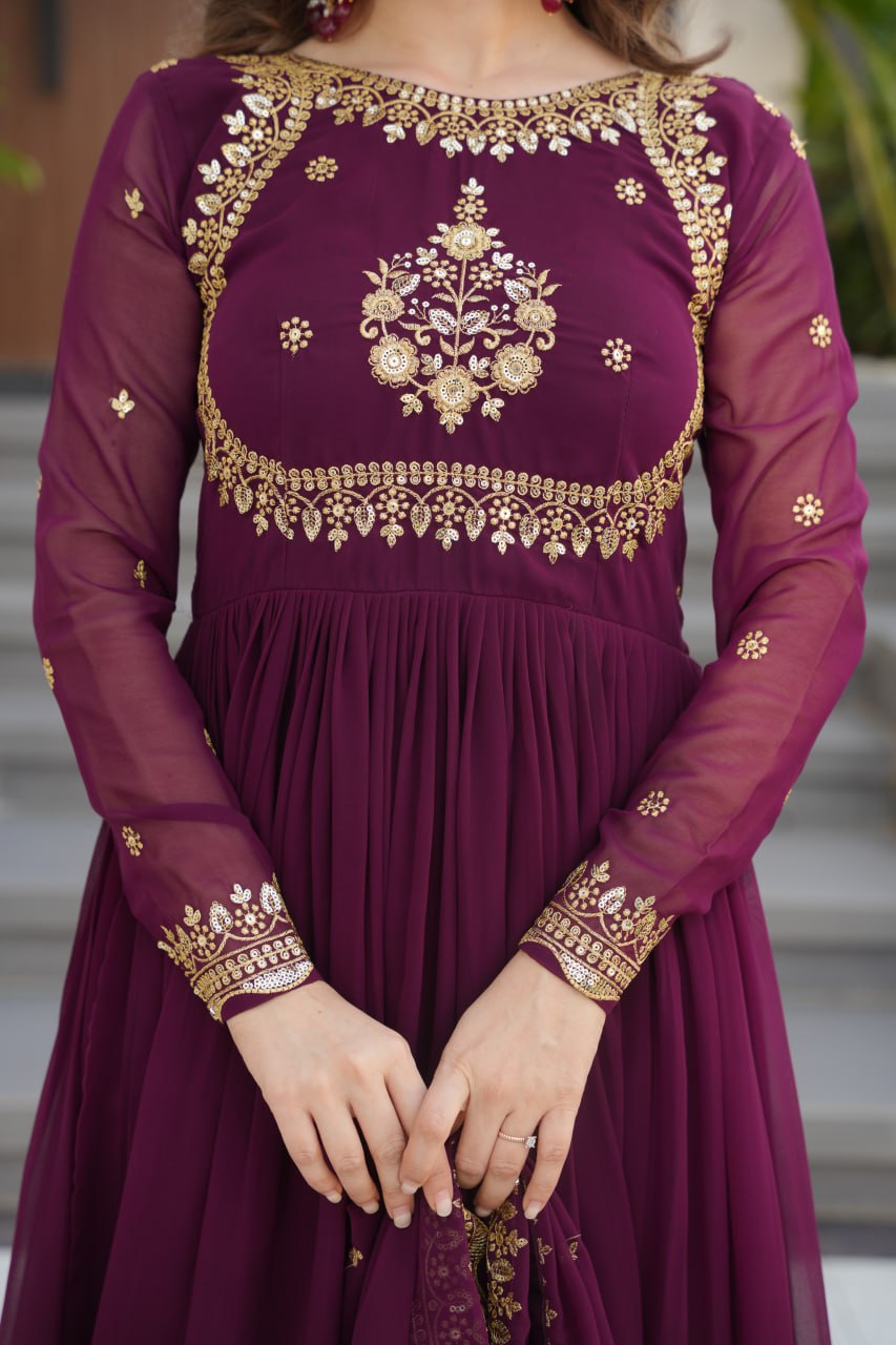 Wine Luxury Designer Faux Blooming Georgette Gown with Zari & Sequin Embroidery