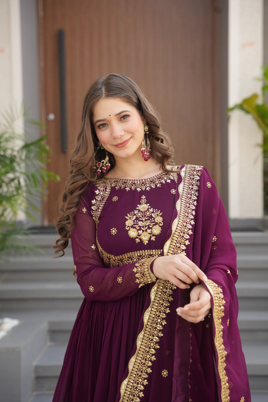 Wine Luxury Designer Faux Blooming Georgette Gown with Zari & Sequin Embroidery