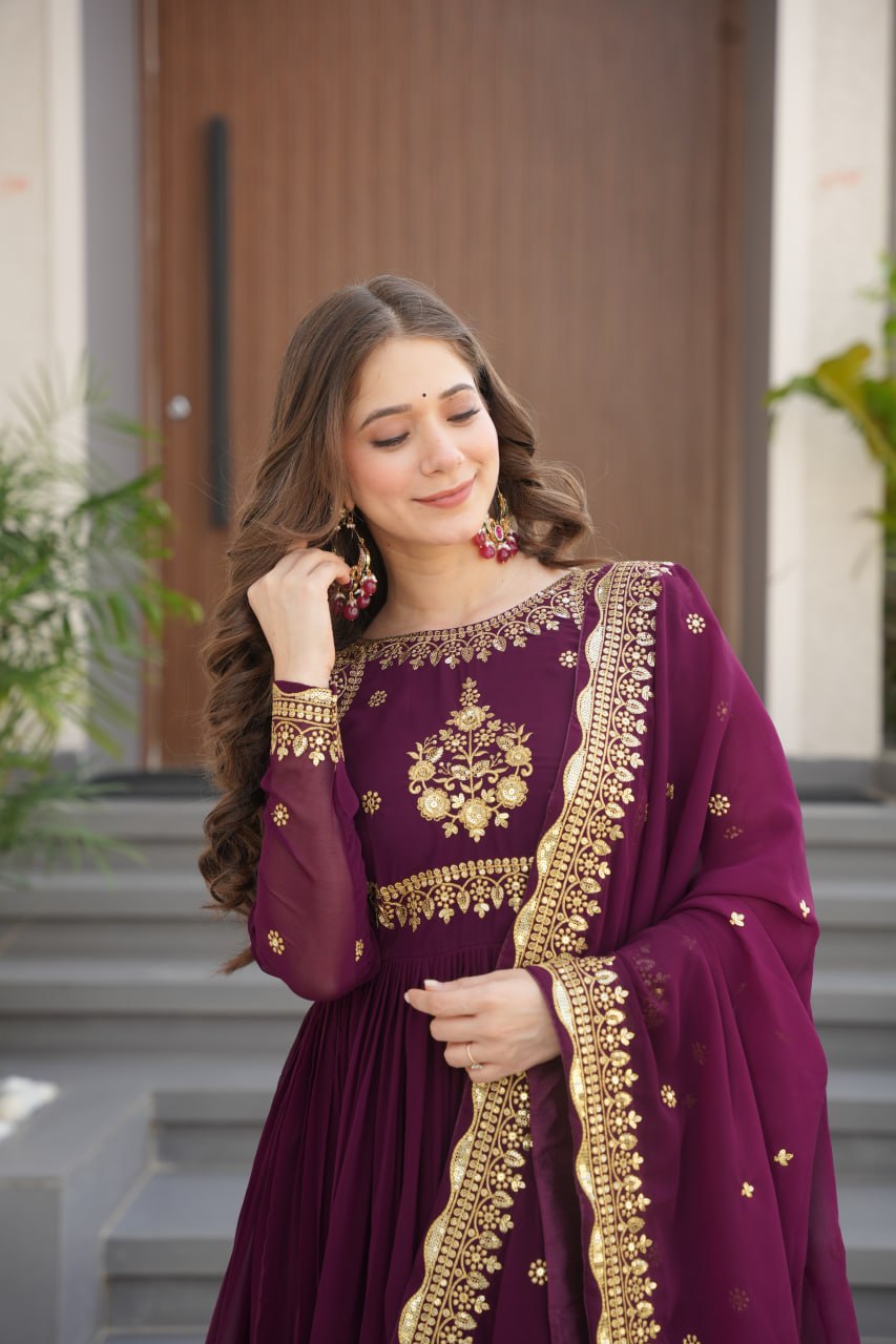 Wine Luxury Designer Faux Blooming Georgette Gown with Zari & Sequin Embroidery
