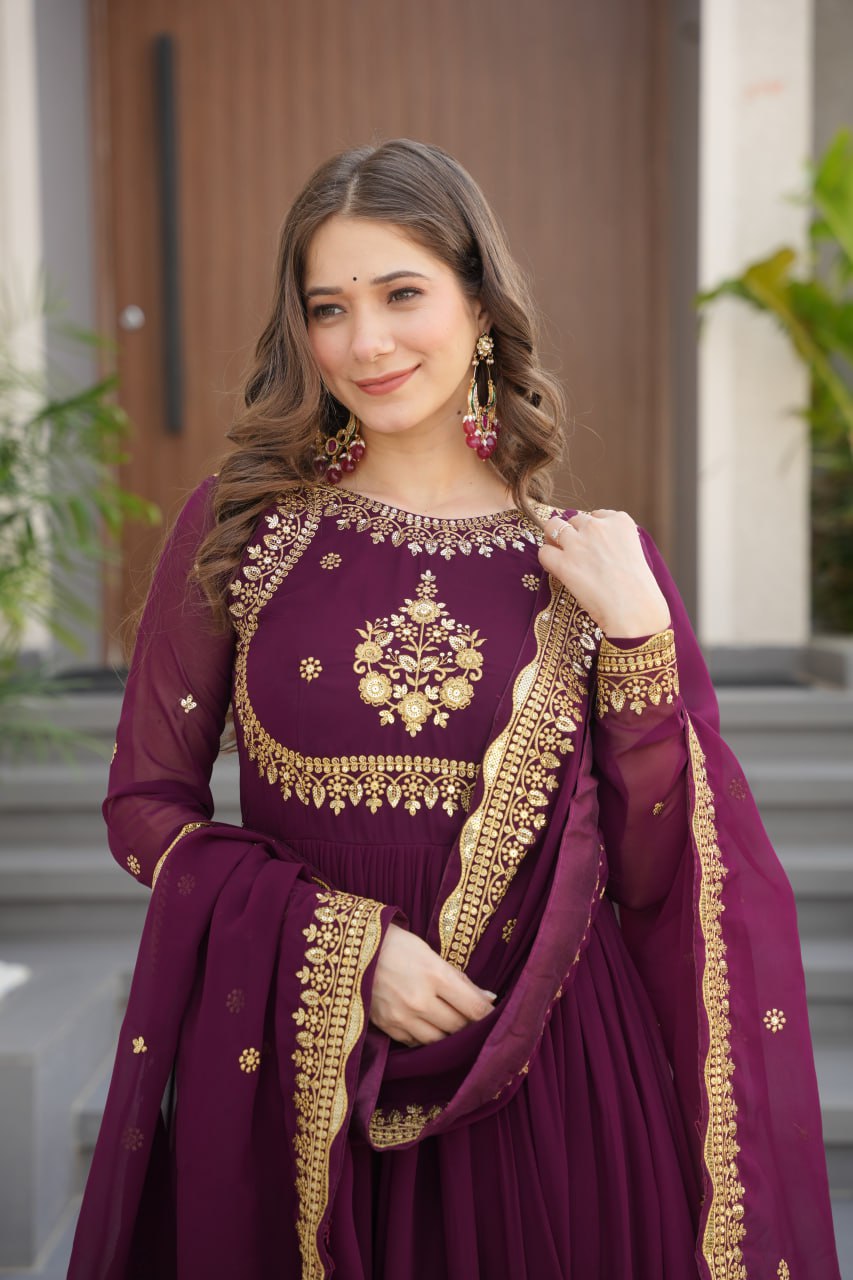 Wine Luxury Designer Faux Blooming Georgette Gown with Zari & Sequin Embroidery