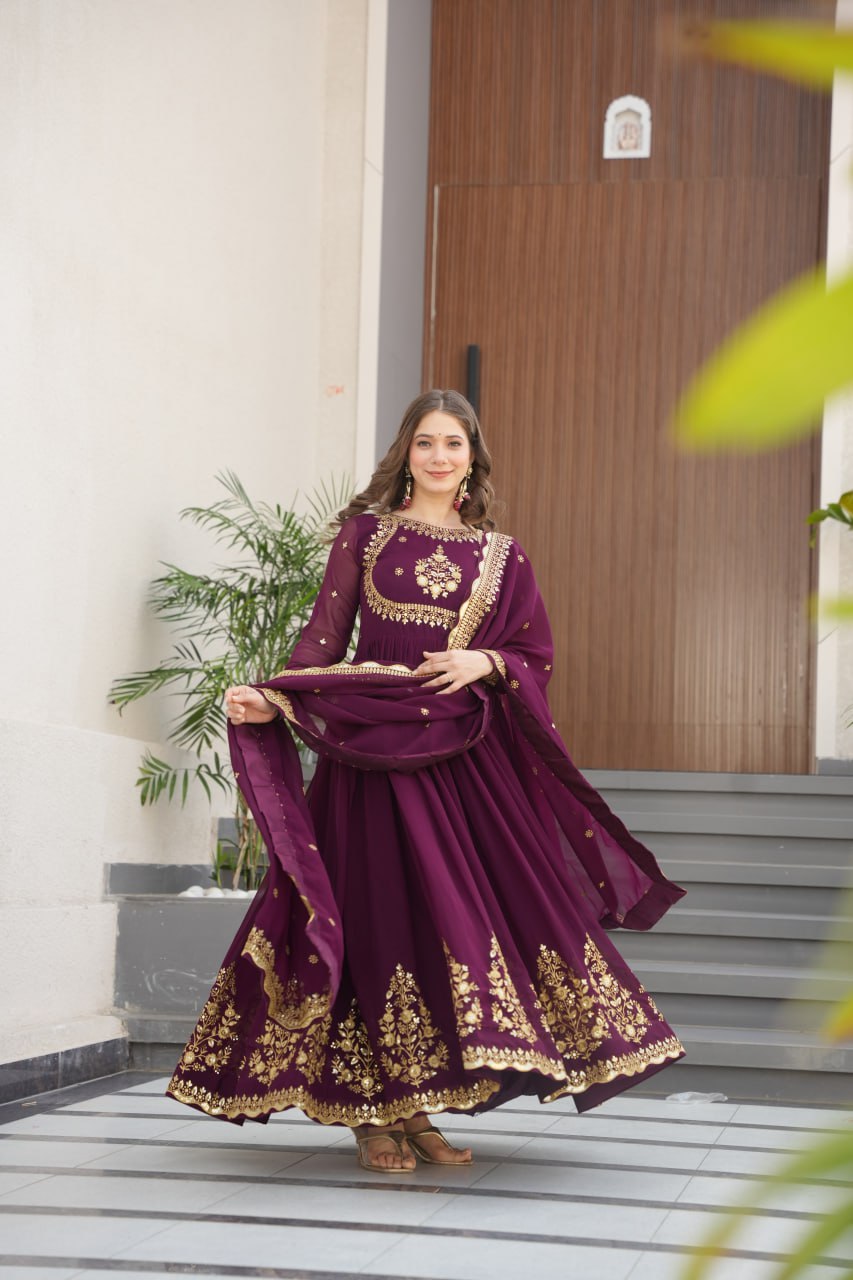 Wine Luxury Designer Faux Blooming Georgette Gown with Zari & Sequin Embroidery