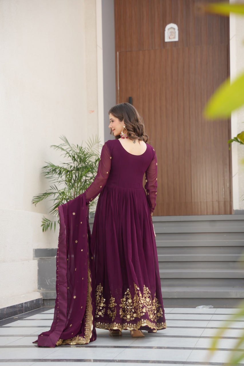 Wine Luxury Designer Faux Blooming Georgette Gown with Zari & Sequin Embroidery