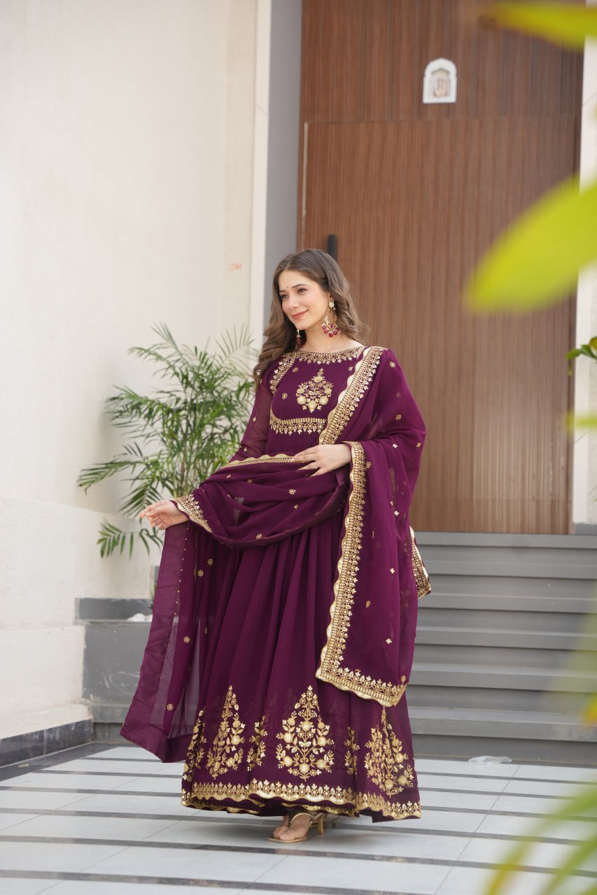 Wine Luxury Designer Faux Blooming Georgette Gown with Zari & Sequin Embroidery