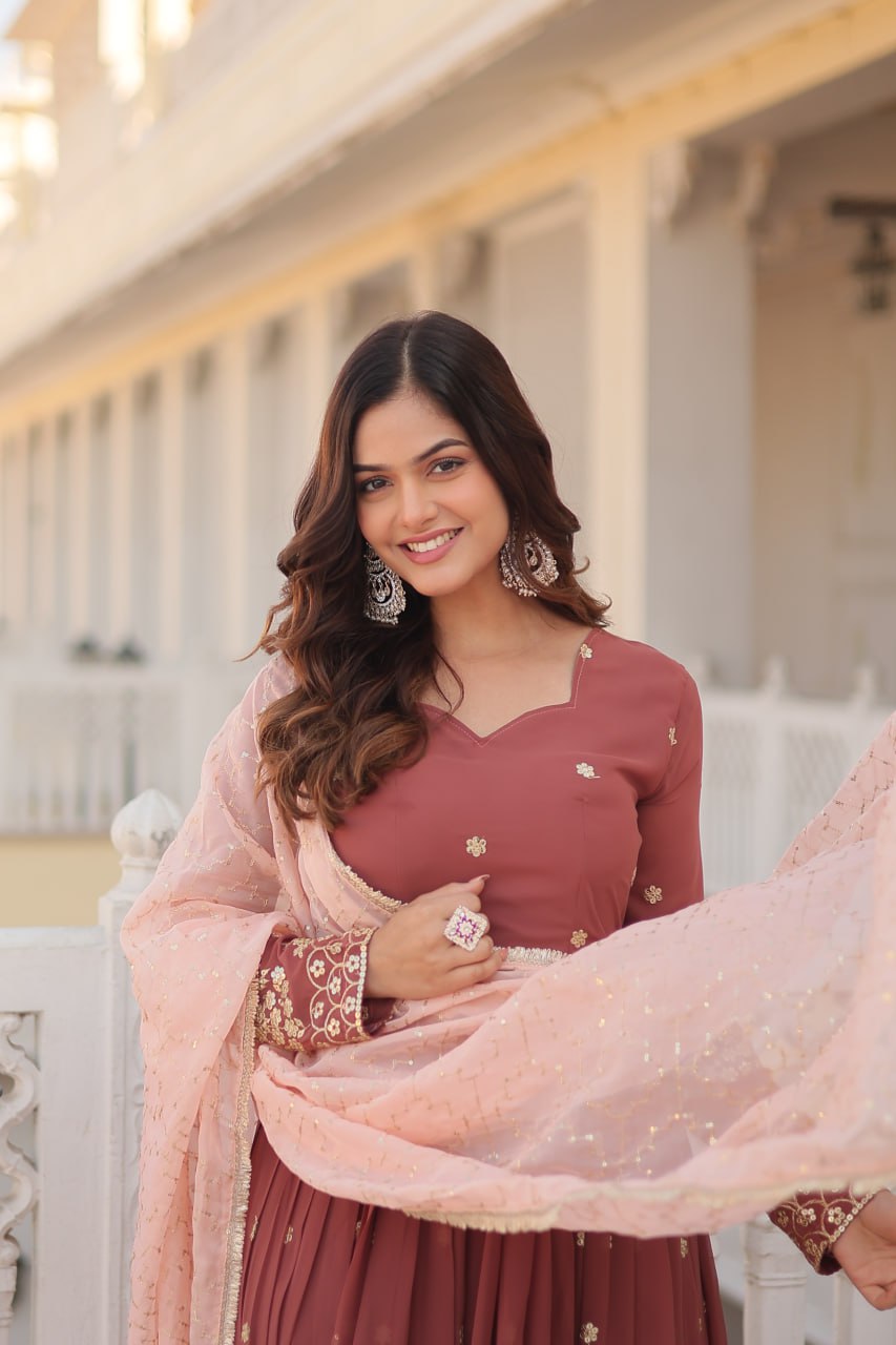 Wine Luxury Designer Gown with Zari Thread & Sequins Embroidery - Elegant Attire for Desirable Women