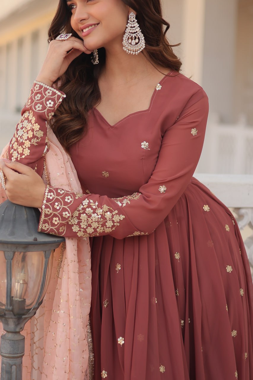 Wine Luxury Designer Gown with Zari Thread & Sequins Embroidery - Elegant Attire for Desirable Women