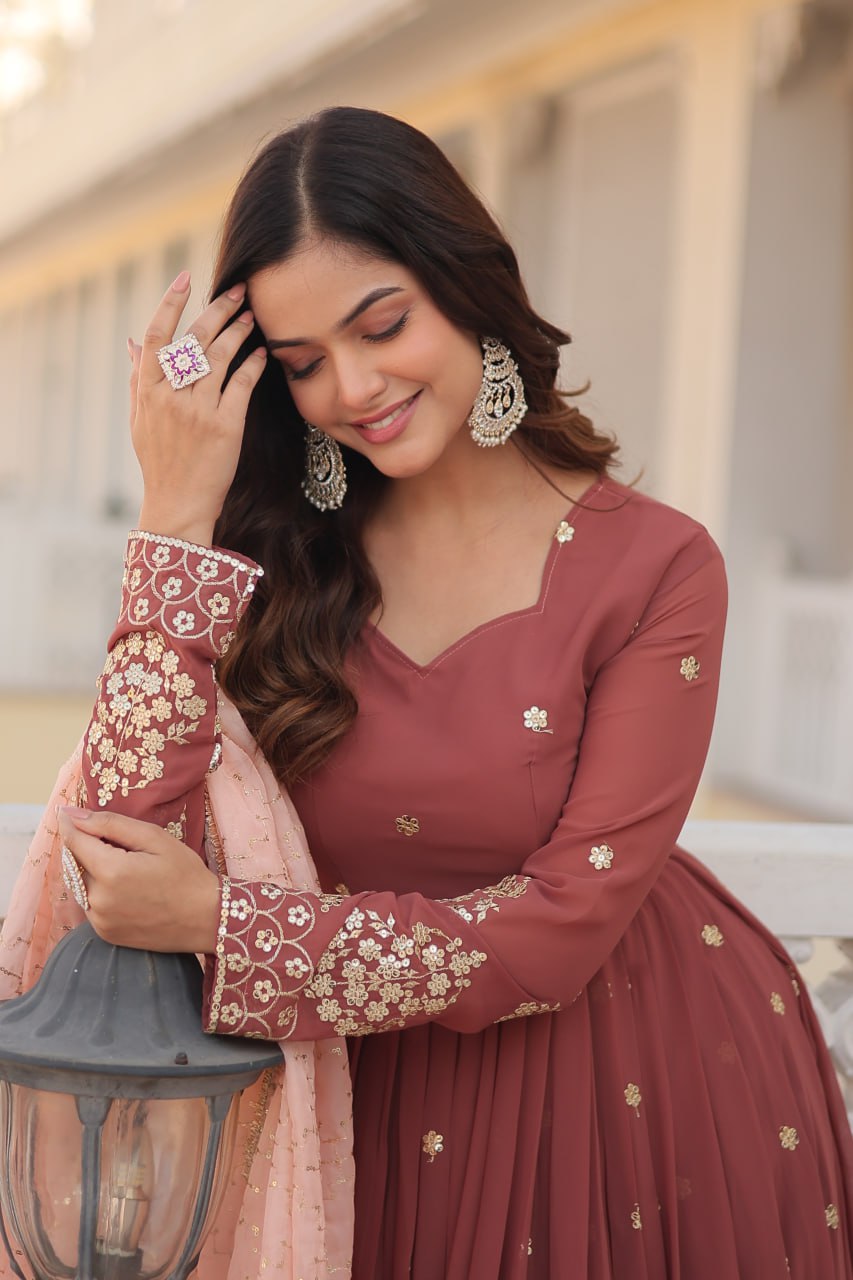 Wine Luxury Designer Gown with Zari Thread & Sequins Embroidery - Elegant Attire for Desirable Women