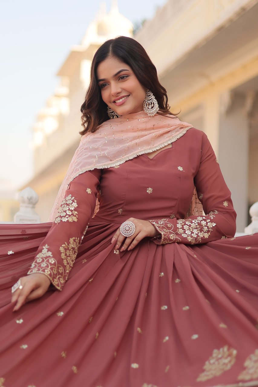 Wine Luxury Designer Gown with Zari Thread & Sequins Embroidery - Elegant Attire for Desirable Women