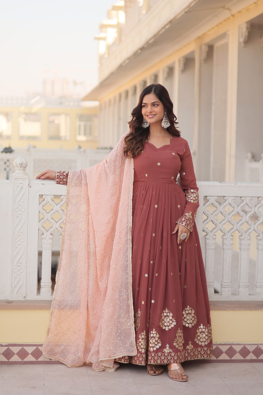 Wine Luxury Designer Gown with Zari Thread & Sequins Embroidery - Elegant Attire for Desirable Women