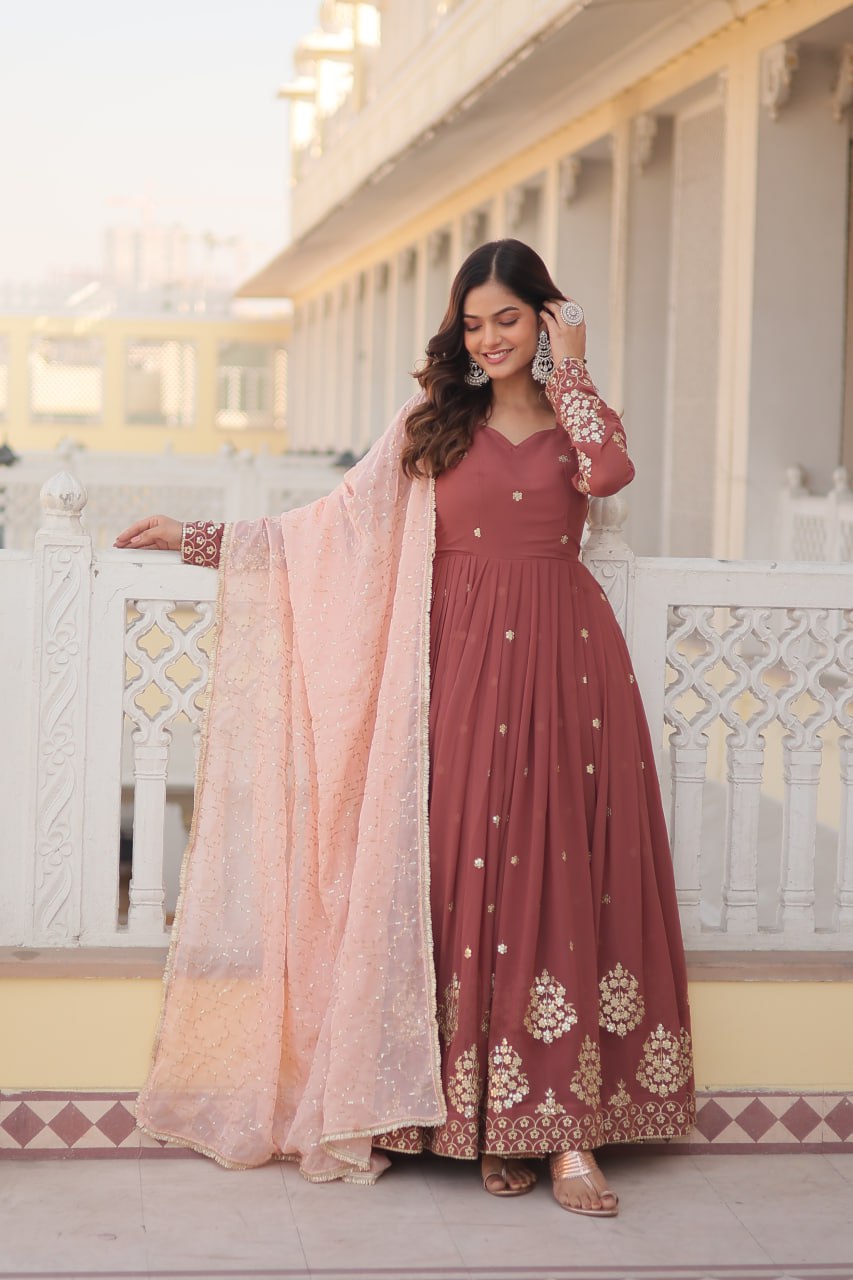 Wine Luxury Designer Gown with Zari Thread & Sequins Embroidery - Elegant Attire for Desirable Women