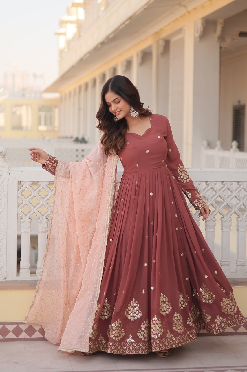 Wine Luxury Designer Gown with Zari Thread & Sequins Embroidery - Elegant Attire for Desirable Women
