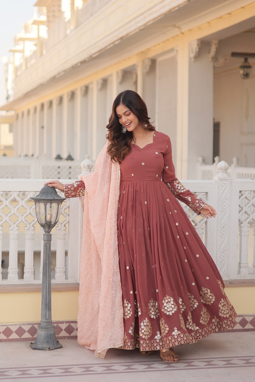 Wine Luxury Designer Gown with Zari Thread & Sequins Embroidery - Elegant Attire for Desirable Women