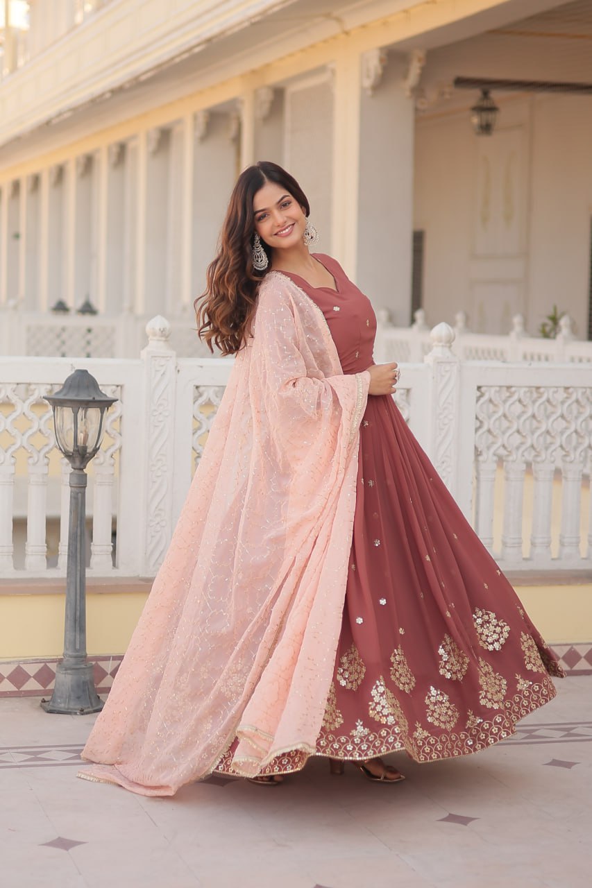 Wine Luxury Designer Gown with Zari Thread & Sequins Embroidery - Elegant Attire for Desirable Women